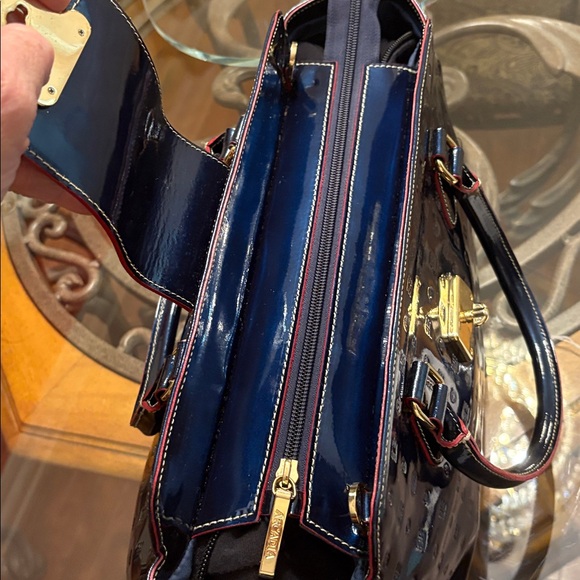 ARCADIA Patent Leather Satchel- BLUEw/ Red Trim - Picture 8 of 13